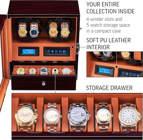 4 Watch Winder with 5 Watch Storage Space, LCD Display, Touch Control and Interior Light in Saudi Arabia