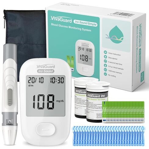 Talking Blood Glucose Monitor Kit,1 Glucose Meter 1 Lancing Device 100 Glucometer Strips & 100 Lancets,Blood Sugar Diabetes Testing Kit for Home use with Carrying Case Batteries,No Coding in Saudi Arabia