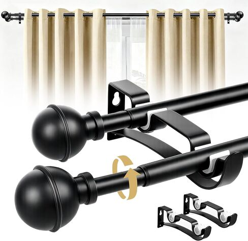 Adjustable Double Curtain Rods for Windows Set 30 to 57 Inch, Black Curtains Rod with 2PCS Brackets, Small Extra Long 5/8" Diameter Blackout Cortineros Para Ventanas for Bedroom, Living Room in Saudi Arabia