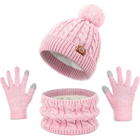 KIRAAT Kids Winter Pom Beanie Hat Scarf Gloves Set,Toddler Girls Boys Warm Knitted Fleece Lining Woollen Cap for 3-10 Years in Kuwait