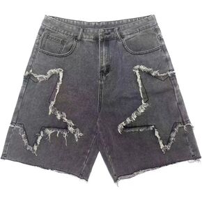 شورتات جينز فضفاضة للرجال أسود رمادي نمط نجمة عتيقة Jorts الرجال Y2K موضة عادية فضفاض الدينيم السراويل الشارع الشهير in Kuwait