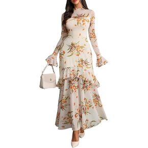 GothDark Womens Floral Maxi Dress Sheer Mesh Bell Sleeve Tiered Ruffle Gothic Romantic Casual Long Dresses in Saudi Arabia