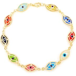 14k REAL Yellow Gold Blue Evil Eye Bracelet - 7.5" in Kuwait