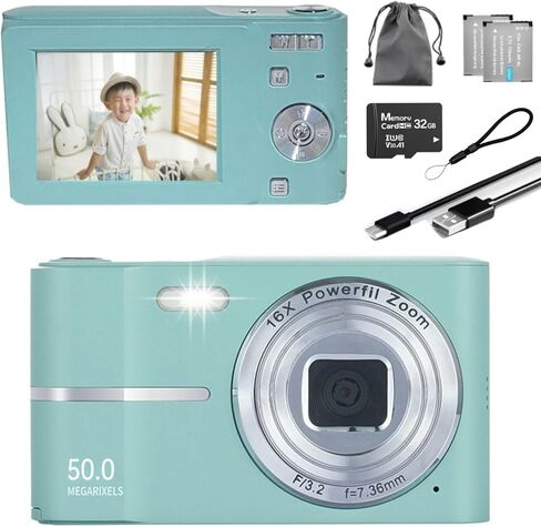 Compact HD Digital Camera (Green) 50MP 16x ZOOM عالية الدقة 1080 بكسل واطلاق النار على بطاقة ذاكرة 32 جيجابايت ، وكاميرا ممتعة للبنين فتيات الطلاب المبتدئين وعطلة عيد الميلاد in Kuwait