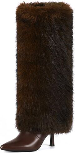 Womens 3.3-inch Kitten Heel Knee High Fur Boots Furry Fuzzy Fluffy Pointed Toe Boots for Women Tall Wide Calf Fall Winter Snow Fold Over Boot with Side Zipper in Saudi Arabia