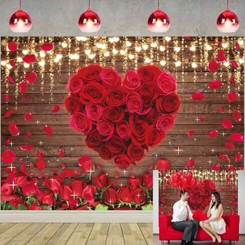 Valentine's Day Photography Backdrop 8X6FT Red Rose Floral Wall Love Hearts Wooden Background for Valentine's Wedding Bridal Mother's Day Birthday Party Decoration Photo Booth Studio Props in Saudi Arabia