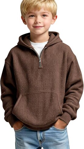 Boys Hoodies Pullover Quarter Zip Casual Sweatshirts Long Sleeve Waffle Knit Hooded Sweaters Winter Tops with Pocket in Saudi Arabia