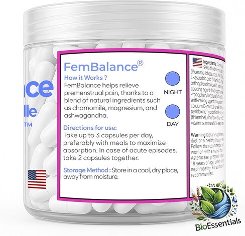 FemBalance - مكمل توازن الهرمونات النسائية لدعم الدورة الشهرية وتخفيف تشنجات الدورة الشهرية - الأشواغاندا والمغنيسيوم والبابونج للتوازن الهرموني والمزاج والطاقة - 90 كبسولة نباتية in Saudi Arabia