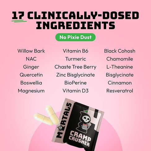 Mortals Cramp Crusher - Women's Monthly Wellness Supplement - Chasteberry, Magnesium Bisglycinate, Vitamin B6, Black Cohosh - Vegan, cGMP, Single-Serve Pouches (50 Capsules) in Saudi Arabia