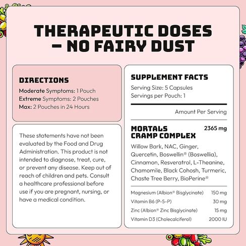 Mortals Cramp Crusher - Women's Monthly Wellness Supplement - Chasteberry, Magnesium Bisglycinate, Vitamin B6, Black Cohosh - Vegan, cGMP, Single-Serve Pouches (50 Capsules) in Saudi Arabia