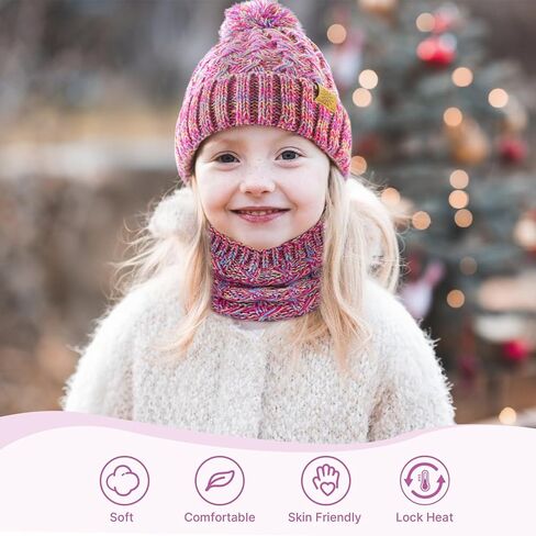 Tavaleu Kids Winter Beanie Hat Scart Gloves Set，Girls Fleece Lined Knitted Pom Hat Neck Warmer Knit Gloves for Children in Saudi Arabia