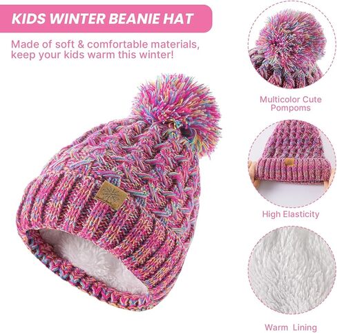 Tavaleu Kids Winter Beanie Hat Scart Gloves Set，Girls Fleece Lined Knitted Pom Hat Neck Warmer Knit Gloves for Children in Saudi Arabia