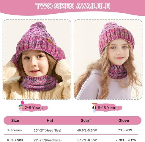 Tavaleu Kids Winter Beanie Hat Scart Gloves Set，Girls Fleece Lined Knitted Pom Hat Neck Warmer Knit Gloves for Children in Saudi Arabia