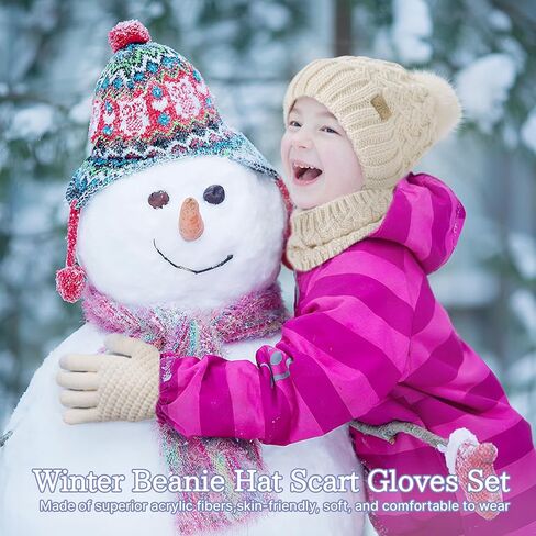 Tavaleu Kids Winter Beanie Hat Scart Gloves Set，Girls Fleece Lined Knitted Pom Hat Neck Warmer Knit Gloves for Children in Saudi Arabia