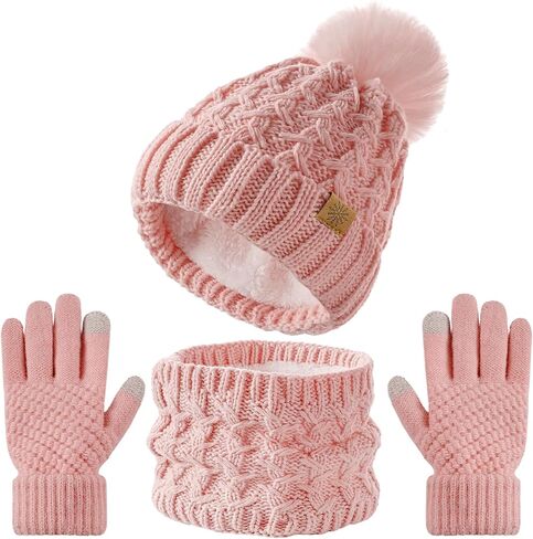 Tavaleu Kids Winter Beanie Hat Scart Gloves Set，Girls Fleece Lined Knitted Pom Hat Neck Warmer Knit Gloves for Children in Saudi Arabia