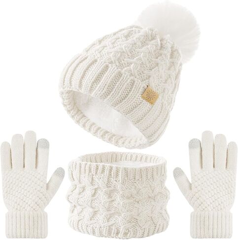 Tavaleu Kids Winter Beanie Hat Scart Gloves Set，Girls Fleece Lined Knitted Pom Hat Neck Warmer Knit Gloves for Children in Saudi Arabia