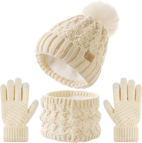 Tavaleu Kids Winter Beanie Hat Scart Gloves Set，Girls Fleece Lined Knitted Pom Hat Neck Warmer Knit Gloves for Children in Saudi Arabia