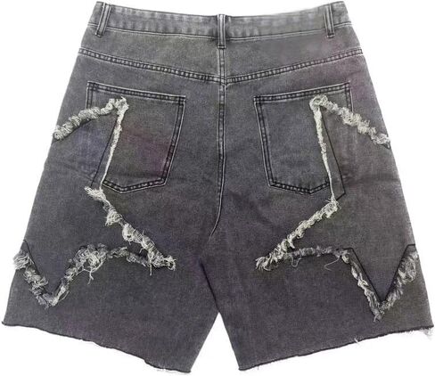 شورتات جينز فضفاضة للرجال أسود رمادي نمط نجمة عتيقة Jorts الرجال Y2K موضة عادية فضفاض الدينيم السراويل الشارع الشهير in Kuwait