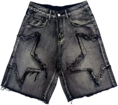 شورتات جينز فضفاضة للرجال أسود رمادي نمط نجمة عتيقة Jorts الرجال Y2K موضة عادية فضفاض الدينيم السراويل الشارع الشهير in Saudi Arabia