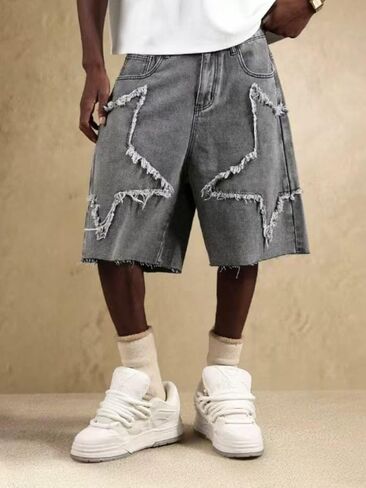 شورتات جينز فضفاضة للرجال أسود رمادي نمط نجمة عتيقة Jorts الرجال Y2K موضة عادية فضفاض الدينيم السراويل الشارع الشهير in Kuwait