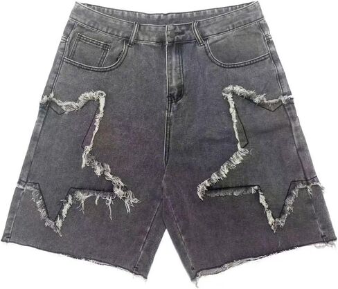 شورتات جينز فضفاضة للرجال أسود رمادي نمط نجمة عتيقة Jorts الرجال Y2K موضة عادية فضفاض الدينيم السراويل الشارع الشهير in Kuwait