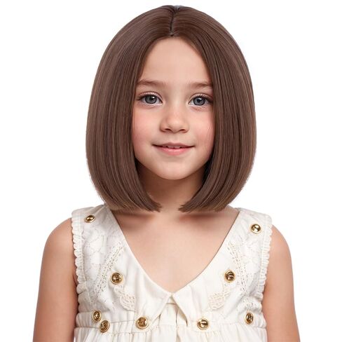 باروكات بوب بنية للأطفال للفتيات، باروكة بنية فاتحة للأطفال، باروكات قصيرة بالجزء الأوسط للأطفال، باروكة صناعية للاستخدام اليومي في حفلات الهالوين in Kuwait