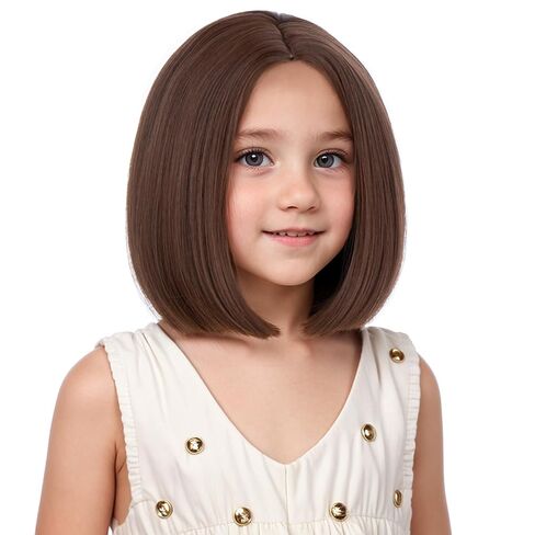باروكات بوب بنية للأطفال للفتيات، باروكة بنية فاتحة للأطفال، باروكات قصيرة بالجزء الأوسط للأطفال، باروكة صناعية للاستخدام اليومي في حفلات الهالوين in Kuwait