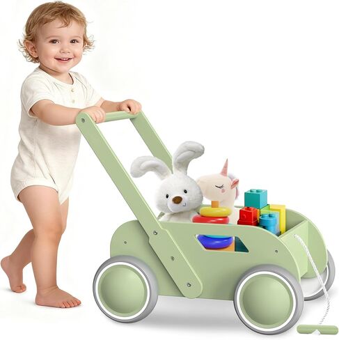 Wooden Baby Walker ، ودفع وسحب ألعاب المشي للتعلم للرضع إلى طفل صغير ، ووكر مع عجلات للفتيان ، وهدية لعيد الميلاد ، والوردي in Kuwait