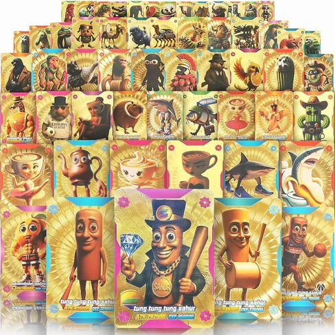 MASSY 56 PCS Italian Brainrot Gold Cards & Keychain Blind Box Combo Tralalero Tralala Tung Tung Tung Sahur Brainrot Meme Gold Foil Cards No Duplicates for Meme Lovers in Saudi Arabia