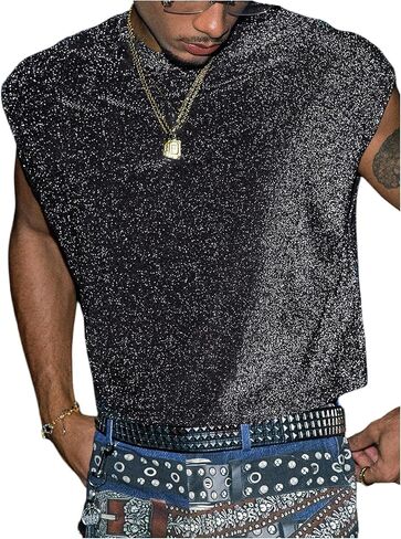 Men's Sequin Tank Top Glitter Crew Neck Sleeveless Tops Party Club Vest Rave Outfits Streetwear in Saudi Arabia