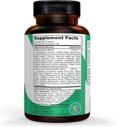 Pomona Wellness Super Greens Supplement, Full of Superfood Vitamins & Minerals, Fruits & Vegetable, Greens Powder for Bloating and Digestion, Gut Health, USDA Organic, Non-GMO, 60 Tablets in Saudi Arabia
