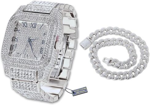 Halukakah Moissanite Diamond Gold Watch for Men - Luxury 18k Real Gold/Platinum White Gold Plated,Basic Waterproof,Swiss Quartz Roman Numerals Square Face Dial,200G Heavy-Made,3-Sides Iced Out,9.5" Wristband - Giftbox Included,Gift for Son Grandson Boyfre in Kuwait