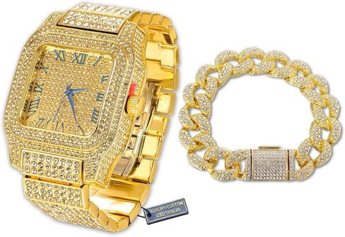 Halukakah Moissanite Diamond Gold Watch for Men - Luxury 18k Real Gold/Platinum White Gold Plated,Basic Waterproof,Swiss Quartz Roman Numerals Square Face Dial,200G Heavy-Made,3-Sides Iced Out,9.5" Wristband - Giftbox Included,Gift for Son Grandson Boyfre in Saudi Arabia