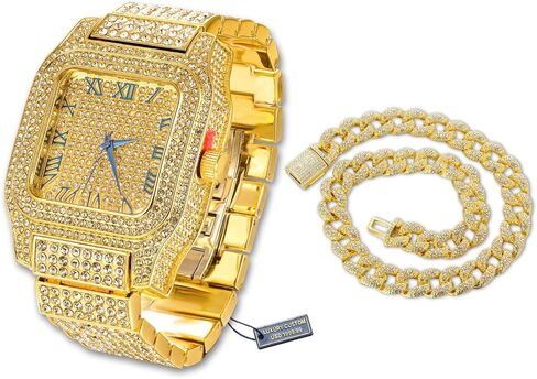 Halukakah Moissanite Diamond Gold Watch for Men - Luxury 18k Real Gold/Platinum White Gold Plated,Basic Waterproof,Swiss Quartz Roman Numerals Square Face Dial,200G Heavy-Made,3-Sides Iced Out,9.5" Wristband - Giftbox Included,Gift for Son Grandson Boyfre in Saudi Arabia