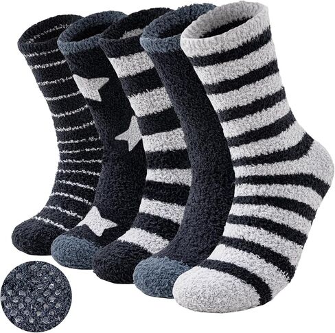 Men's Fuzzy Socks with Grips, 5 Pairs Warm Cozy Thick Slipper Socks for Winter, Home, Hospital, Sleeping, Christmas in Saudi Arabia