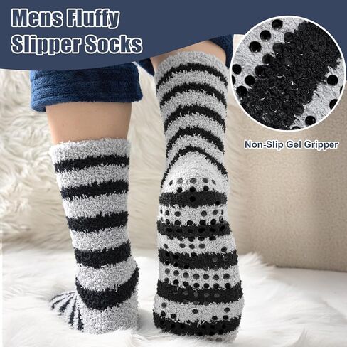 Men's Fuzzy Socks with Grips, 5 Pairs Warm Cozy Thick Slipper Socks for Winter, Home, Hospital, Sleeping, Christmas in Saudi Arabia