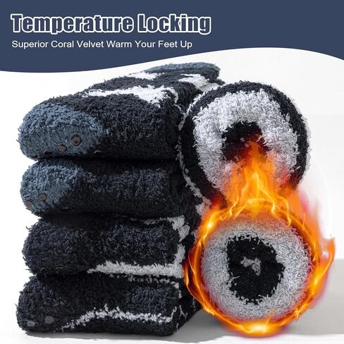 Men's Fuzzy Socks with Grips, 5 Pairs Warm Cozy Thick Slipper Socks for Winter, Home, Hospital, Sleeping, Christmas in Saudi Arabia