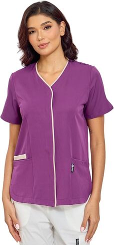 GUOER Scrub Tops Women, V-Neck Contrast Color Paneling, Slit Cuff, Side Slit with Rounded Corners, Snap Front, 3 Pockets in Saudi Arabia