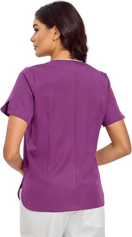 GUOER Scrub Tops Women, V-Neck Contrast Color Paneling, Slit Cuff, Side Slit with Rounded Corners, Snap Front, 3 Pockets in Saudi Arabia