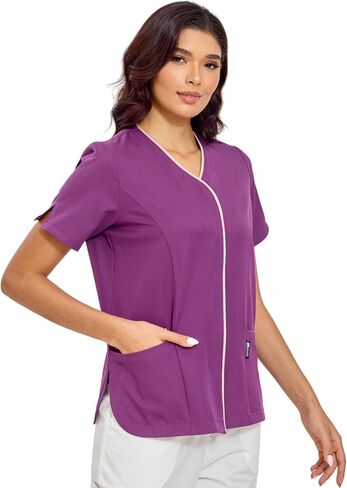GUOER Scrub Tops Women, V-Neck Contrast Color Paneling, Slit Cuff, Side Slit with Rounded Corners, Snap Front, 3 Pockets in Saudi Arabia