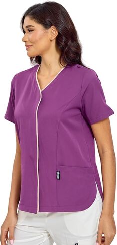 GUOER Scrub Tops Women, V-Neck Contrast Color Paneling, Slit Cuff, Side Slit with Rounded Corners, Snap Front, 3 Pockets in Saudi Arabia