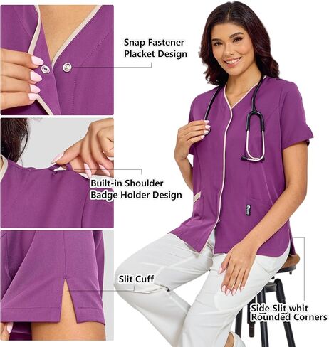 GUOER Scrub Tops Women, V-Neck Contrast Color Paneling, Slit Cuff, Side Slit with Rounded Corners, Snap Front, 3 Pockets in Saudi Arabia