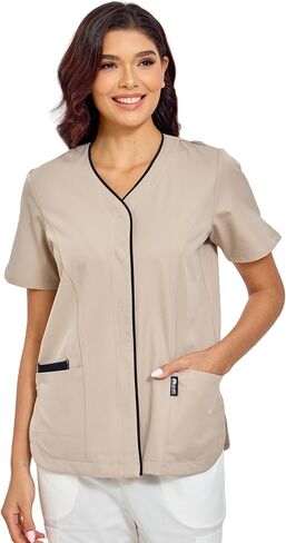 GUOER Scrub Tops Women, V-Neck Contrast Color Paneling, Slit Cuff, Side Slit with Rounded Corners, Snap Front, 3 Pockets in Saudi Arabia