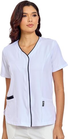 GUOER Scrub Tops Women, V-Neck Contrast Color Paneling, Slit Cuff, Side Slit with Rounded Corners, Snap Front, 3 Pockets in Saudi Arabia
