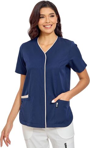 GUOER Scrub Tops Women, V-Neck Contrast Color Paneling, Slit Cuff, Side Slit with Rounded Corners, Snap Front, 3 Pockets in Saudi Arabia