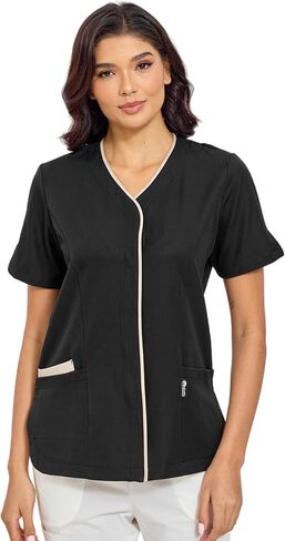 GUOER Scrub Tops Women, V-Neck Contrast Color Paneling, Slit Cuff, Side Slit with Rounded Corners, Snap Front, 3 Pockets in Saudi Arabia