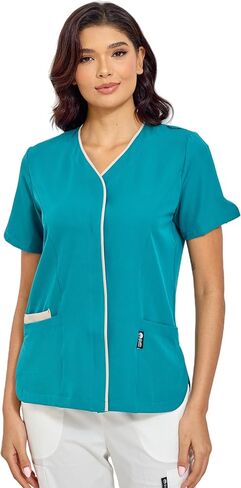 GUOER Scrub Tops Women, V-Neck Contrast Color Paneling, Slit Cuff, Side Slit with Rounded Corners, Snap Front, 3 Pockets in Saudi Arabia
