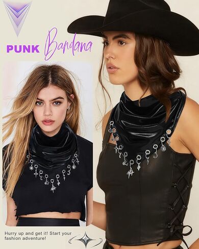 Punk Triangle Head Scarf with Metal Charms - Y2K Sparkly Bandana for Women | Vintage Neck Scarf for Festival Party Concert in Saudi Arabia