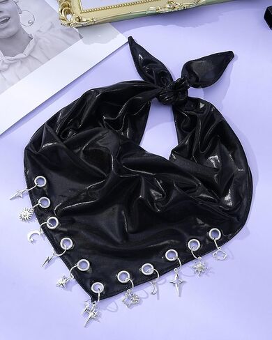 Punk Triangle Head Scarf with Metal Charms - Y2K Sparkly Bandana for Women | Vintage Neck Scarf for Festival Party Concert in Saudi Arabia