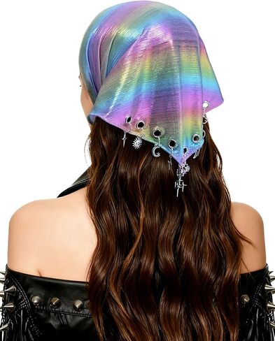 Punk Triangle Head Scarf with Metal Charms - Y2K Sparkly Bandana for Women | Vintage Neck Scarf for Festival Party Concert in Saudi Arabia